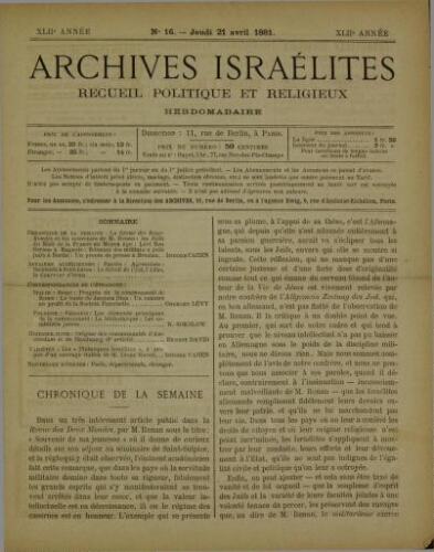 Archives israélites de France. Vol.42 N°16 (21 avr. 1881)
